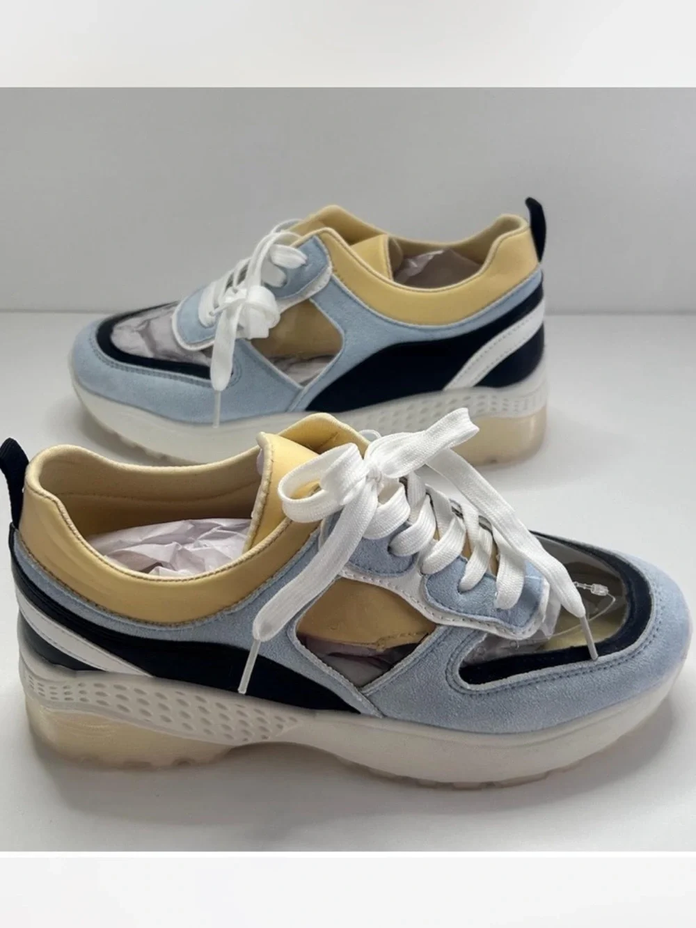 Clear platform sneakers chunky tennis shoes transparent faux suede qupid